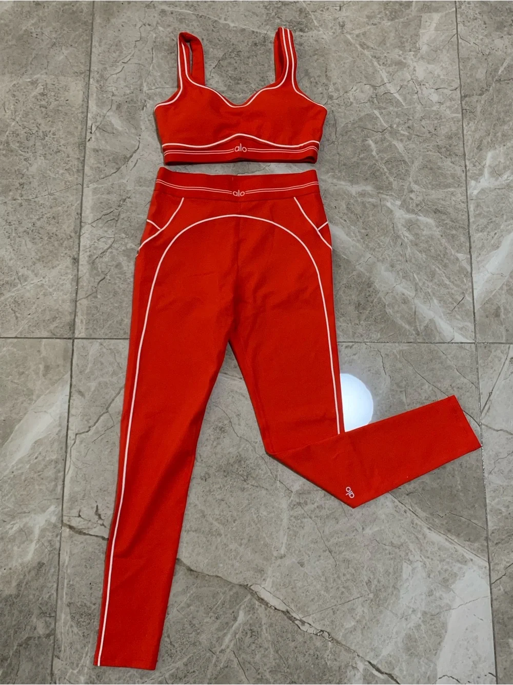 ALO Yoga Red Sports Bra and Leggings Set with White Piping